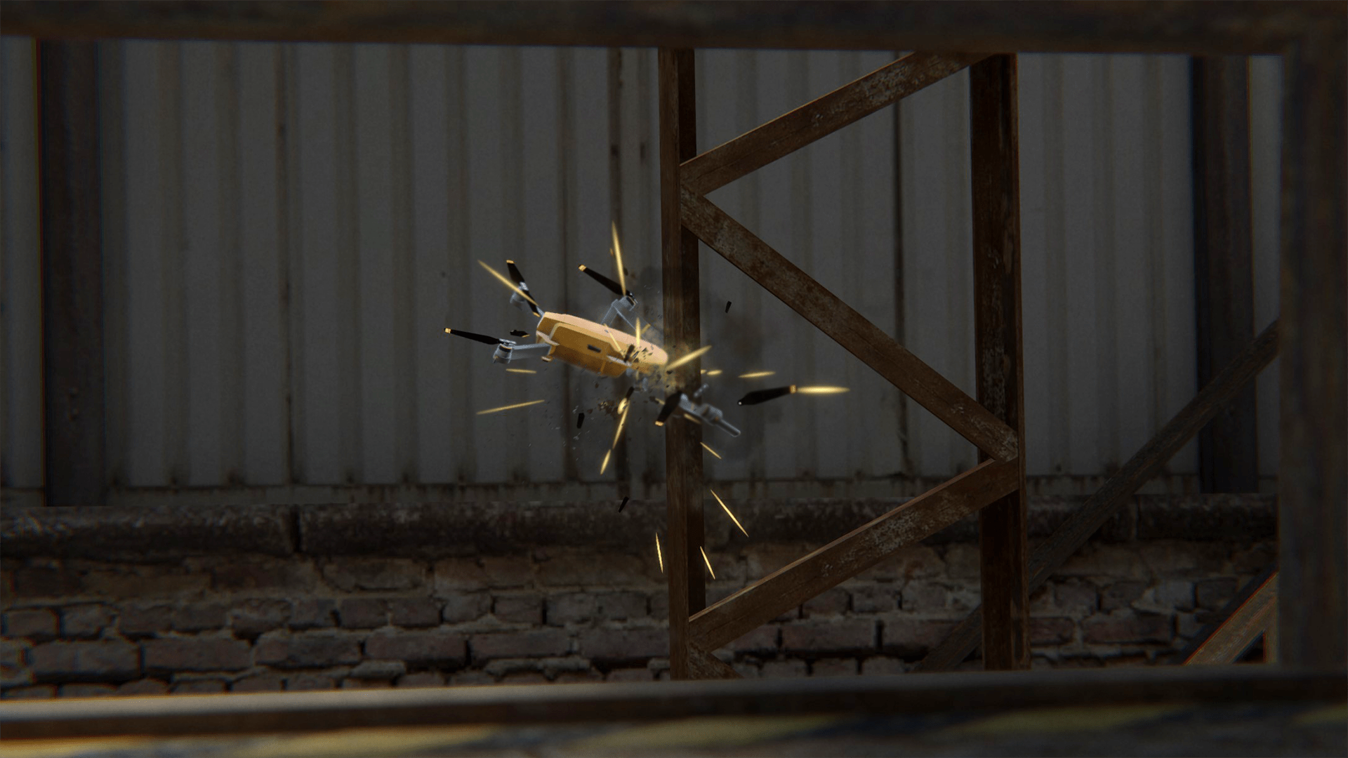 Drone crash rendered in high detail within Drone Simulator VR, showing realistic collision effects and damage response