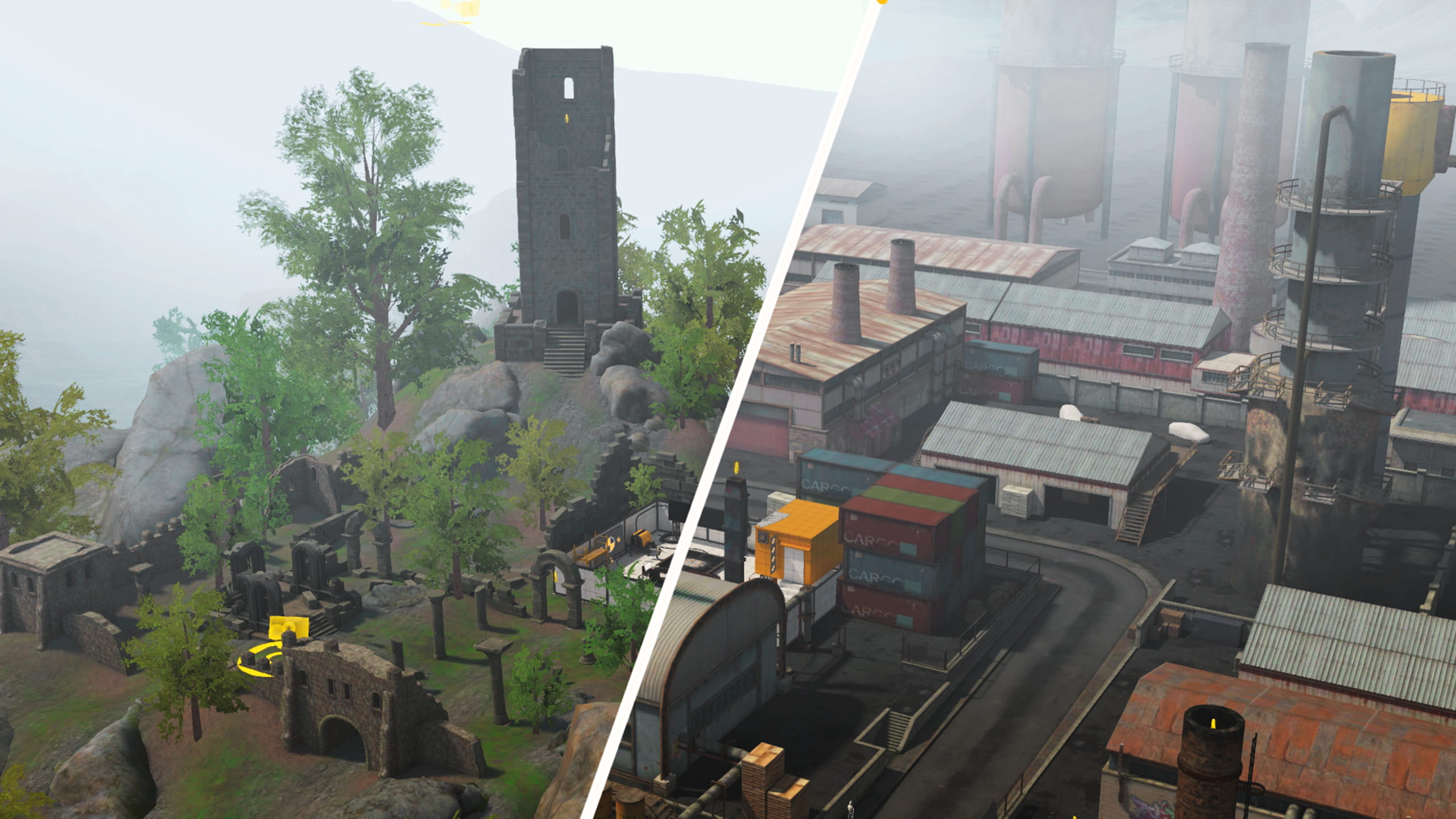 Screenshot of two new maps in Drone Simulator VR: an ancient ruins landscape and an industrial harbor zone
