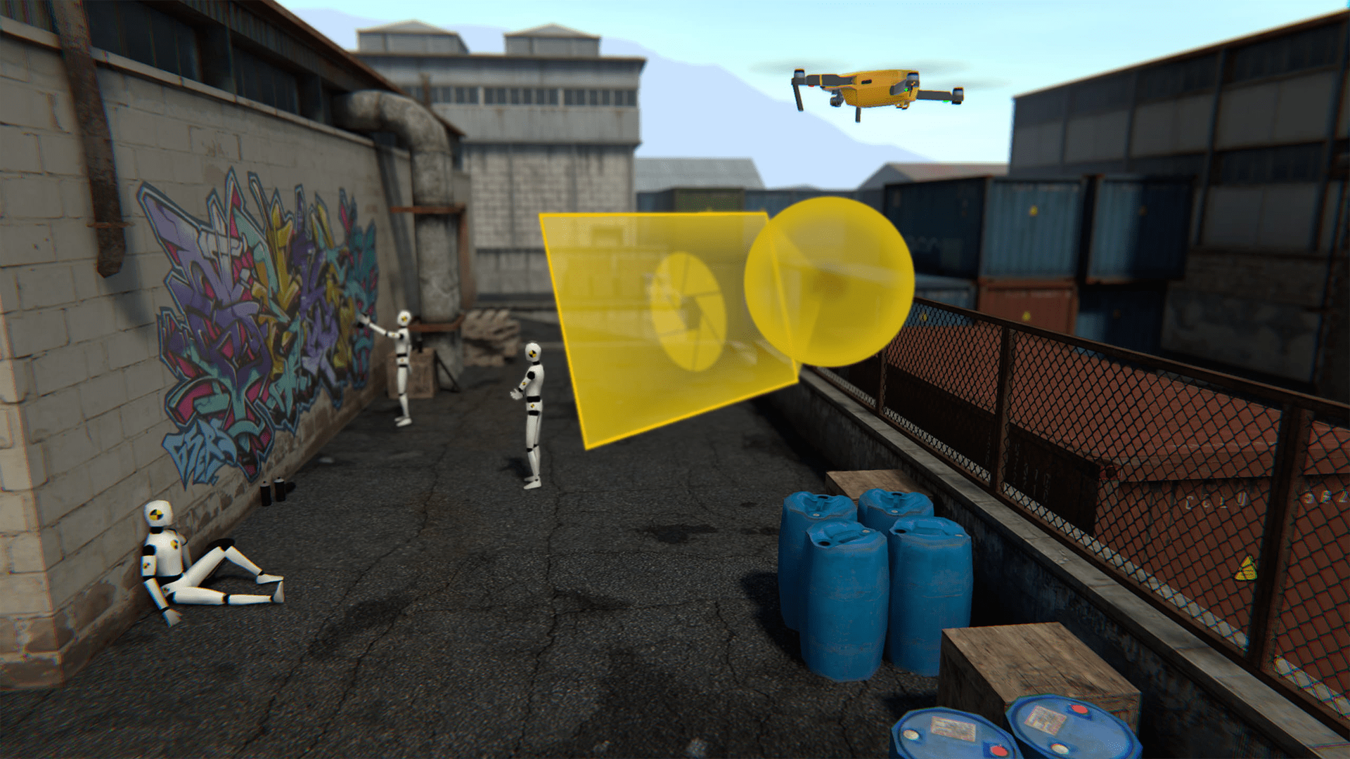 Drone approaching a yellow photo spot challenge area in Drone Simulator VR, used to train gimbal control and zoom accuracy