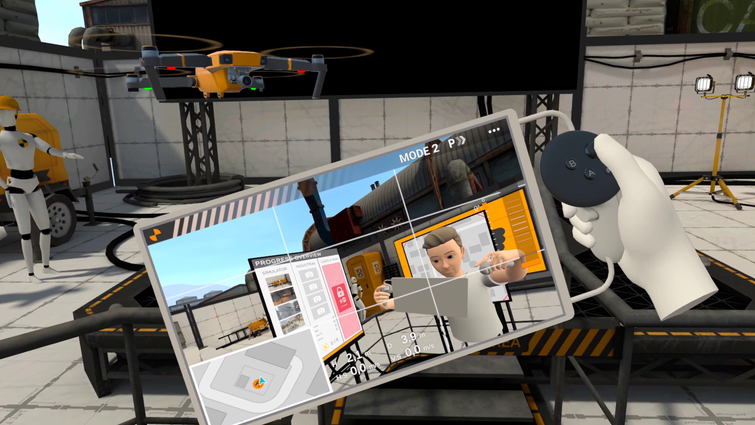 Drone Simulator VR interface showing live downstream camera view from the drone displayed on a virtual tablet